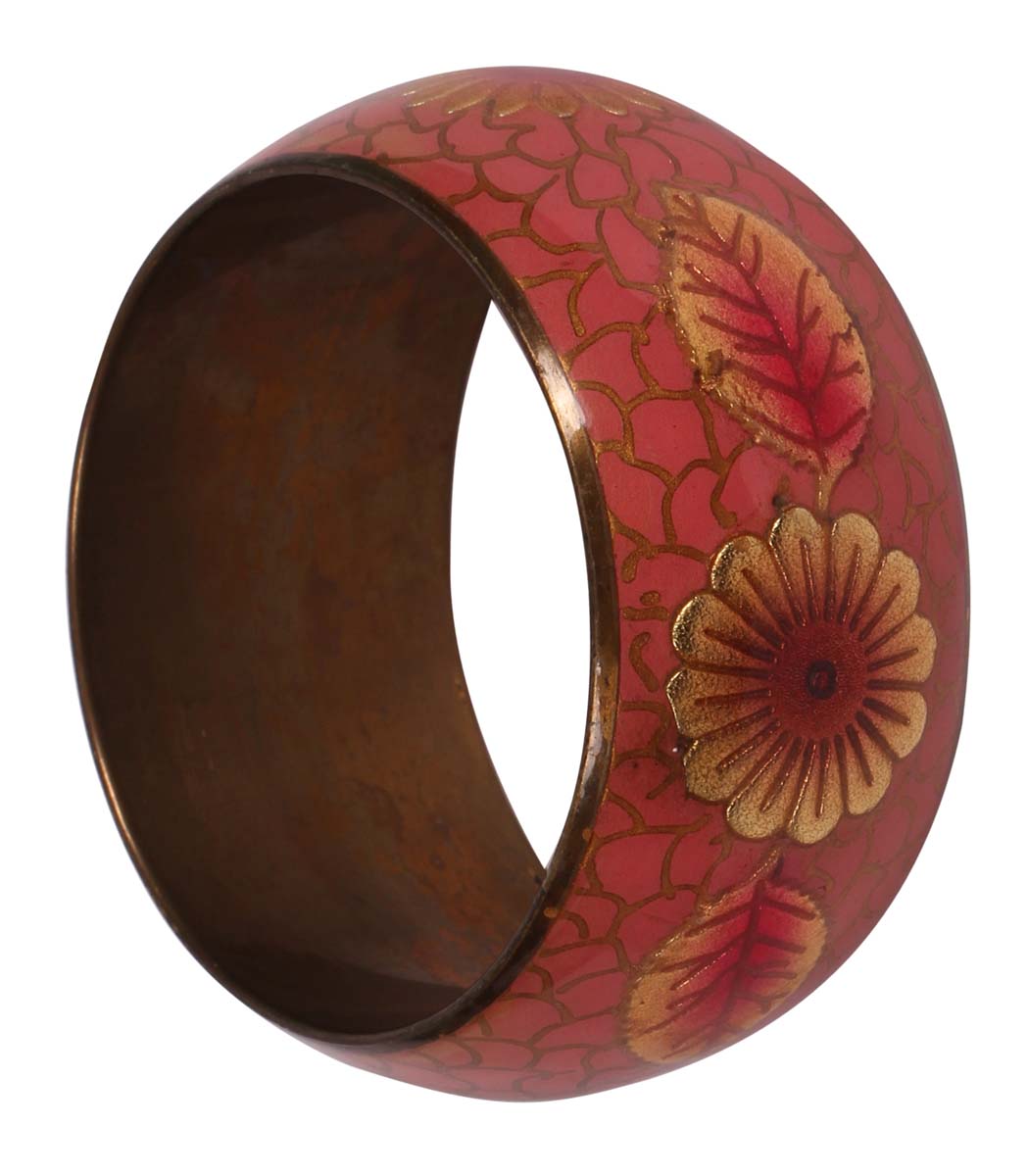 Round Broad Bangle - Shades of Pink & Dull Golden - Hand-Painted Floral Motifs - Handmade in Brass & Iron - Fashion Accessories - Unique Metal Jewelry - Buy in Bulk Wholesale